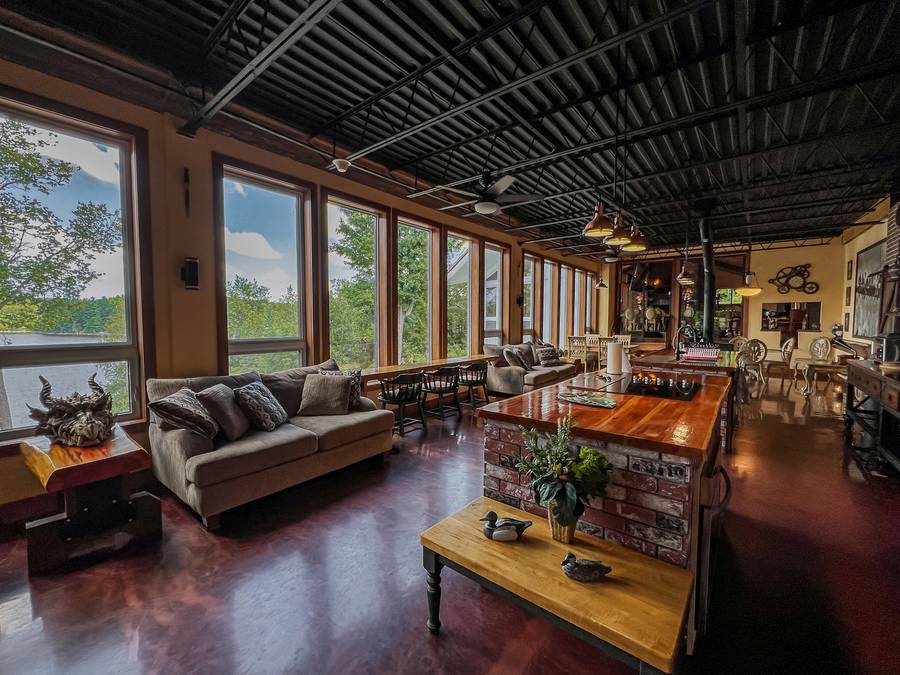 Kitchen and lounge area with lake views